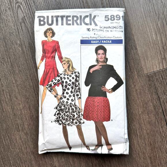 Vintage 1980s Butterick 5891 Sewing Pattern XS-S Drop Waist Midi Dress COMPLETE - Picture 1 of 3